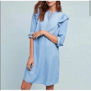 Cloth & Stone Dress Womens L Light Blue Ruffle Shoulder Chambray Tencel Shift